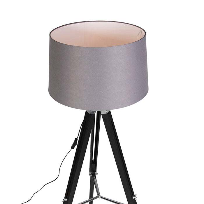QAZQA Vloerlamp Tripod zwart met kap 45cm linnen donker grijs