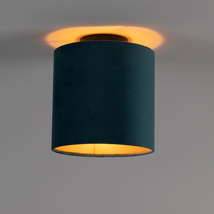 QAZQA Plafondlamp met velours kap blauw met goud 20 cm - Combi zwart