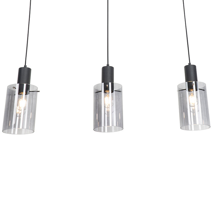 QAZQA Hanglamp zwart met smoke glas langwerpig 3-lichts - Vidra