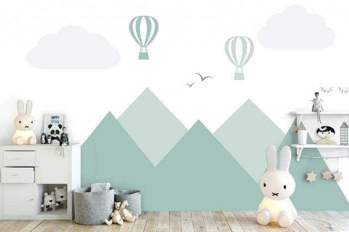 Daring Walls Muursticker Bergen en luchtballonnen green
