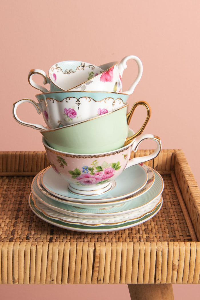 Clayre & Eef Kop en schotel 120 ml Groen Porselein Rond Bloemen