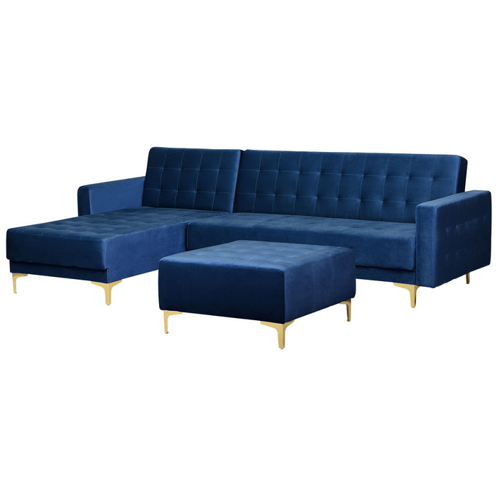 Beliani-ABERDEEN-Hoekslaapbank met ottomaan-Marineblauw-Rechts-Fluweel