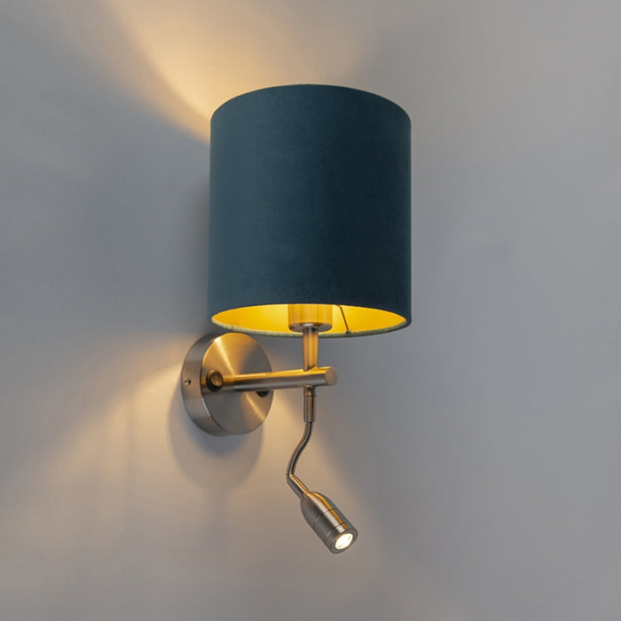 QAZQA Wandlamp staal met leeslamp en kap velours 20|20|20 blauw