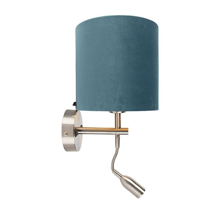 QAZQA Wandlamp staal met leeslamp en kap velours 20|20|20 blauw