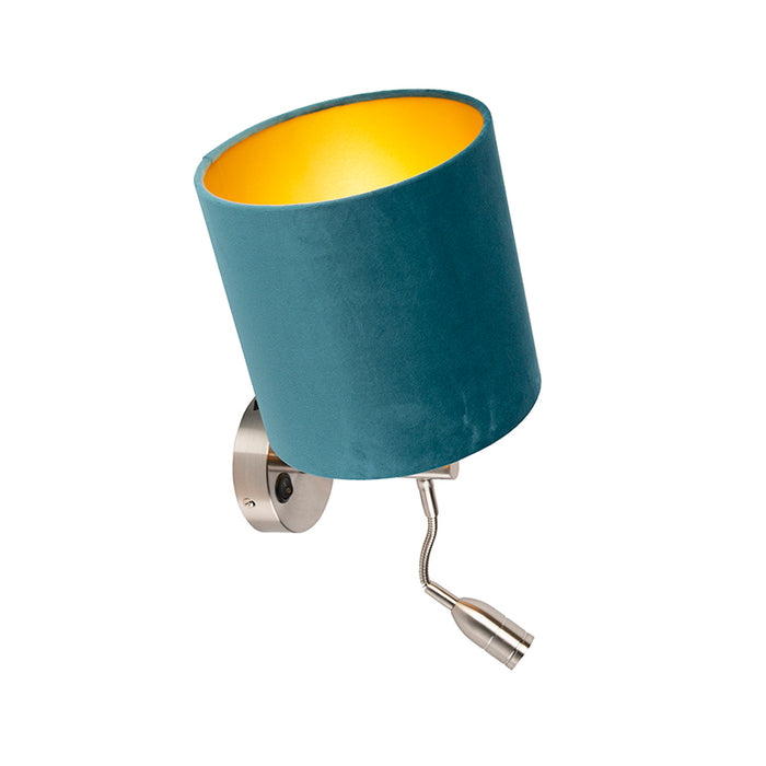 QAZQA Wandlamp staal met leeslamp en kap velours 20|20|20 blauw