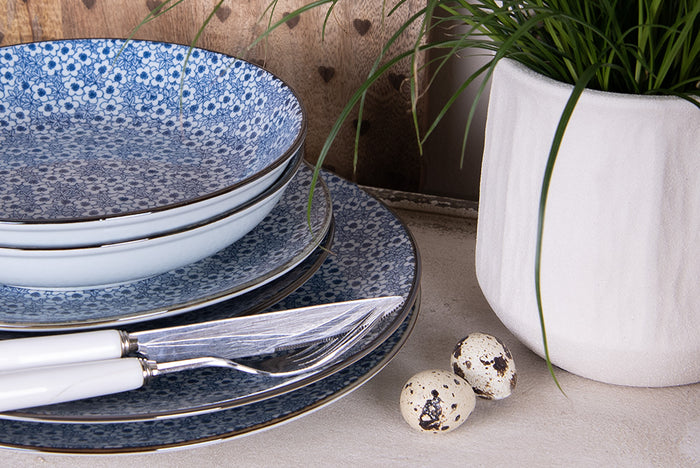 Clayre & Eef Ontbijtbord Ø 21 cm Blauw Keramiek Rond Bloemen Bord