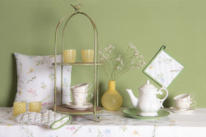 Clayre & Eef Theedoek 50x70 cm Wit Groen Katoen Bloemen