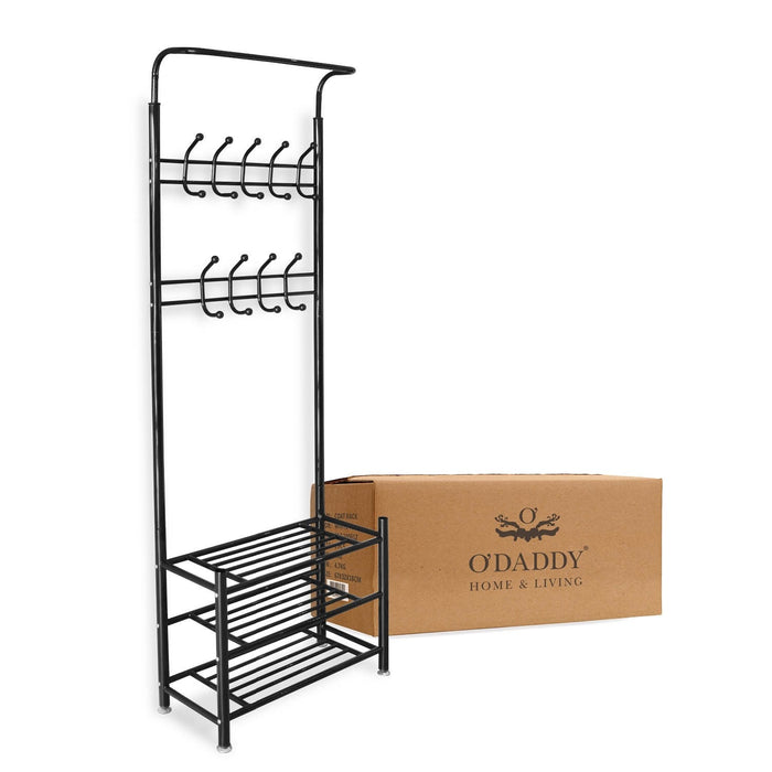 O'DADDY® kapstok staand - schoenenrek - 18 haken - 66x30x190cm - zwart
