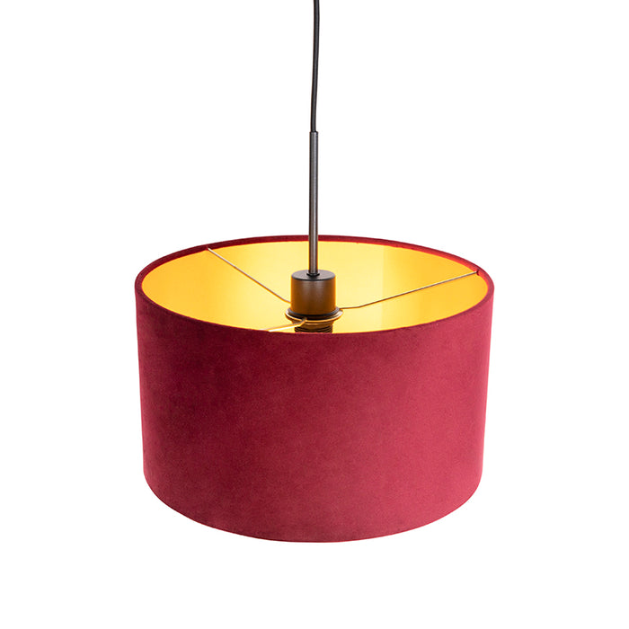 QAZQA Zwarte hanglamp met velours kap rood met goud 35 cm - Combi