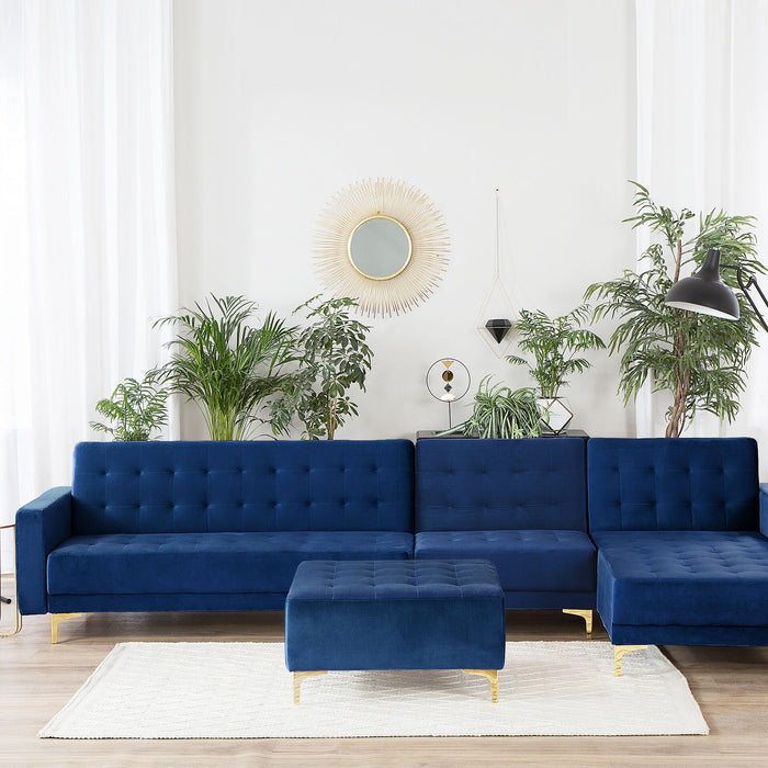 Beliani-ABERDEEN-Hoekslaapbank poef-Marineblauw-Links-347 cm-Fluweel