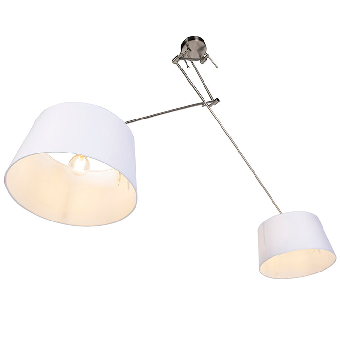QAZQA Hanglamp staal met linnen kappen wit 35 cm 2-lichts - Blitz