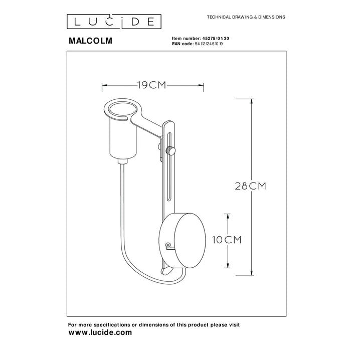 Lucide MALCOLM Wandlamp 1xE27 - Zwart