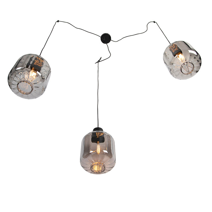 QAZQA Design hanglamp zwart met smoke glas 3-lichts 226 cm - Qara