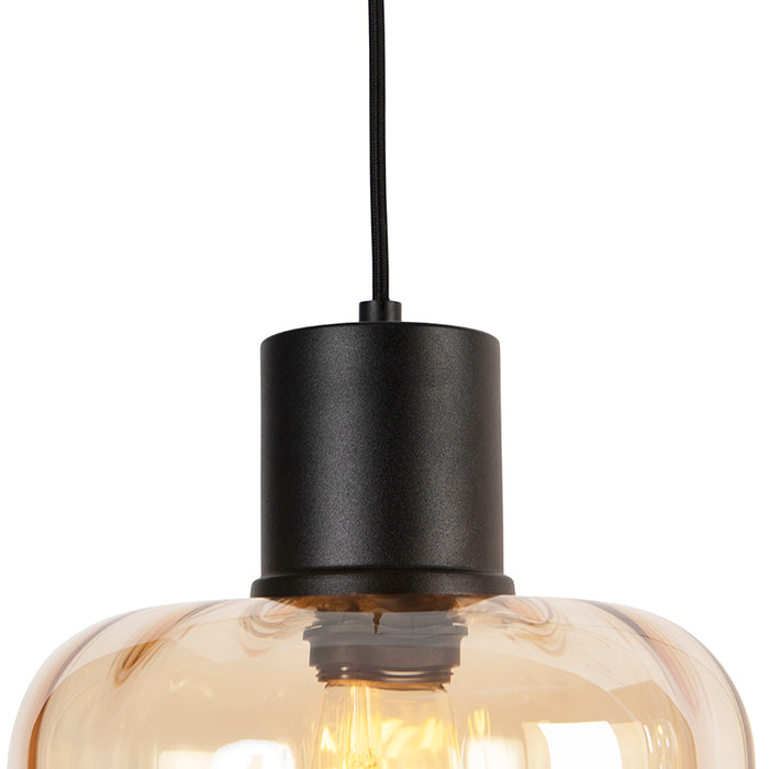 QAZQA Design hanglamp zwart met amber glas 3-lichts 226 cm - Qara