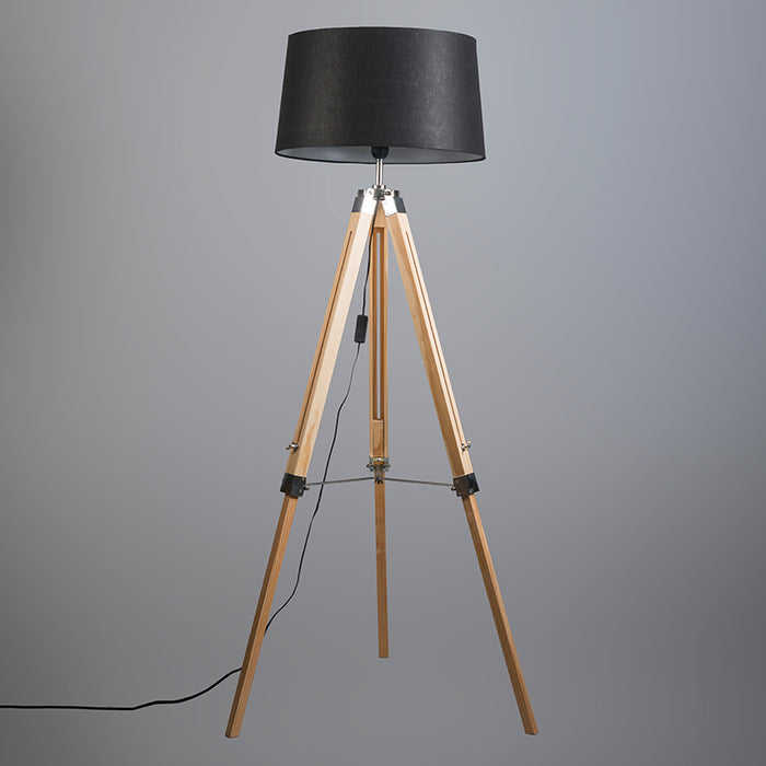 QAZQA Vloerlamp naturel met zwarte linnen kap 45 cm - Tripod