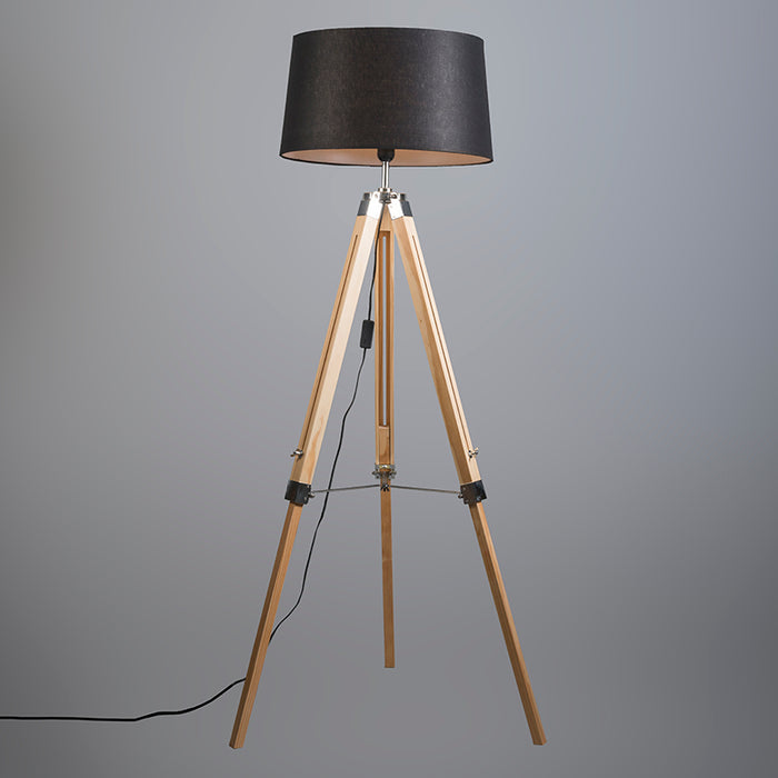 QAZQA Vloerlamp naturel met zwarte linnen kap 45 cm - Tripod