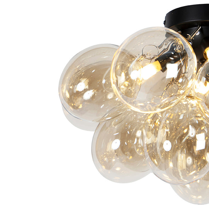 QAZQA Design plafondlamp zwart met amber glas 4-lichts - Uvas