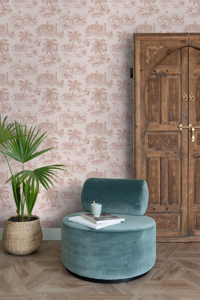 ESTAhome behang jungle dieren terracotta roze - 0,53 x 10,05 m - 13934