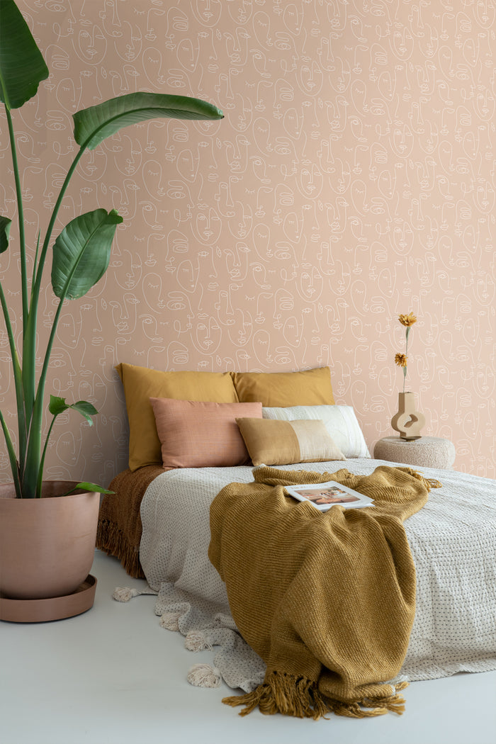 ESTAhome behang line art gezichten perzik roze en wit - 0,53 x 10,05 m