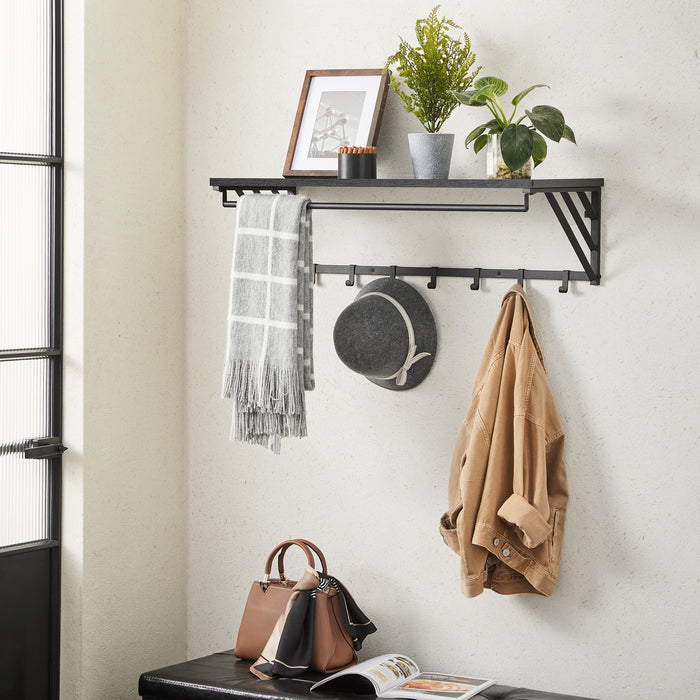 Wandkapstok met Plank en 7 Haken, Metaal en Hout, Zwart