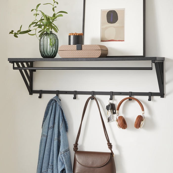 Wandkapstok met Plank en 7 Haken, Metaal en Hout, Zwart