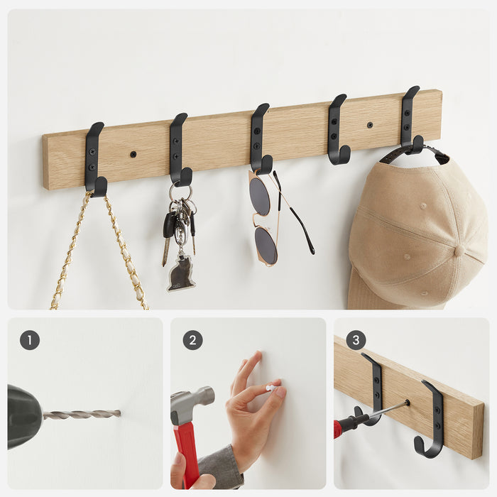 Langwerpige Kapstok met 5 Dubbele Haken, lichte Eik Kleur
