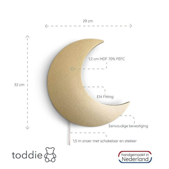 Houten wandlamp kinderkamer | Maan - goud