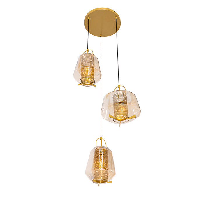QAZQA Hanglamp goud amber glas rond 3-lichts - Kevin