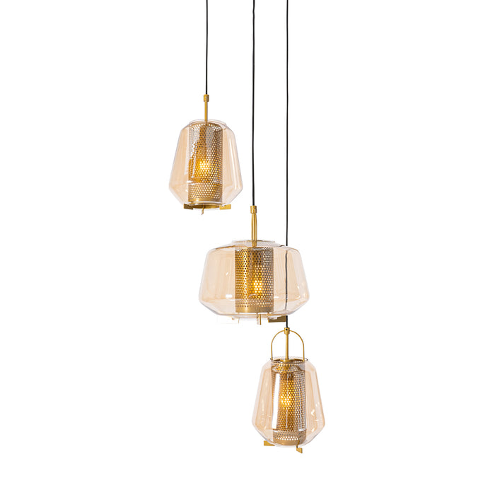QAZQA Hanglamp goud amber glas rond 3-lichts - Kevin
