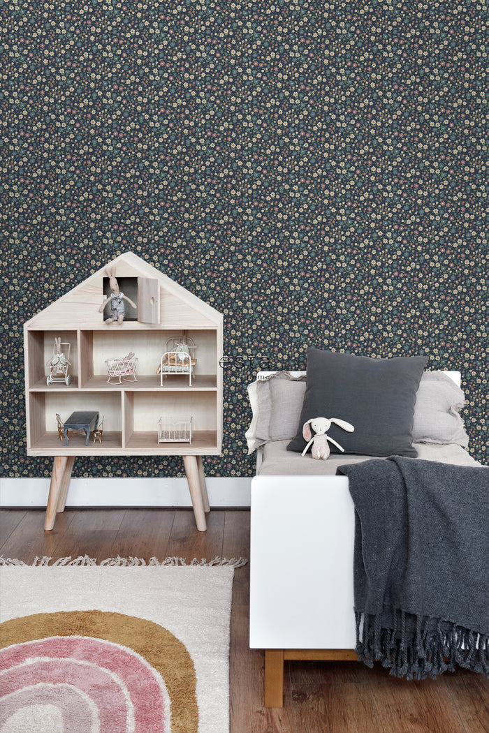 ESTAhome behang bloemetjes donkerblauw, lila roze en vergrijsd groen -