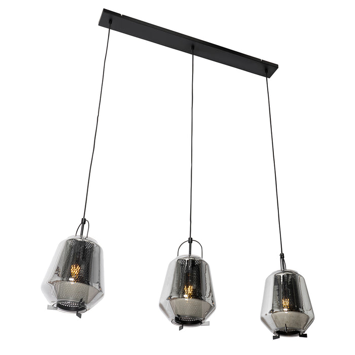QAZQA Hanglamp zwart met smoke glas 23 cm langwerpig 3-lichts - Kevin