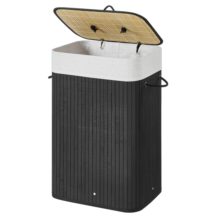 Bamboe Wasmand met Deksel, Katoenen Zak en Handvaten, 72L, Zwart
