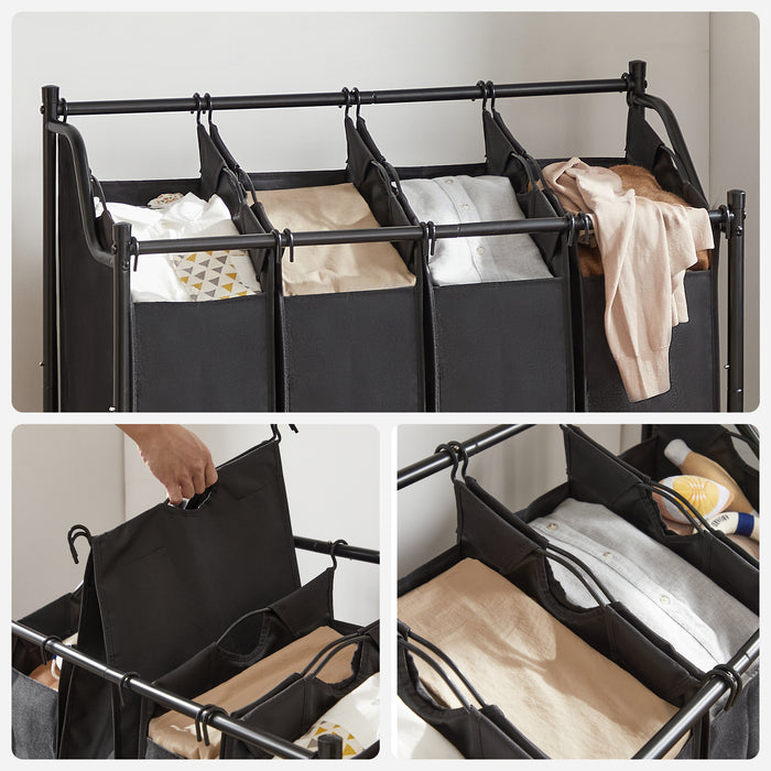 Mobiele wasmand - 4 vakken van elk 35 liter - 81 x 88 x 39 cm - zwart