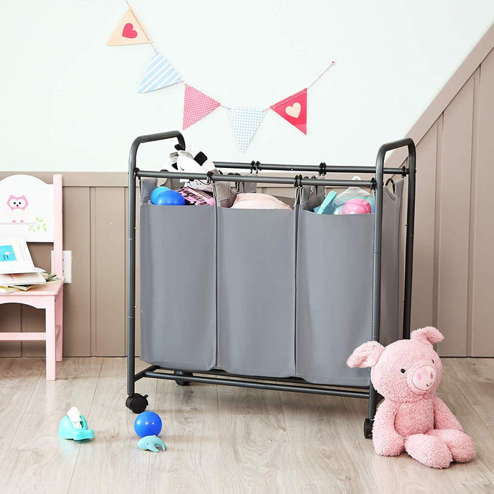 Mobiele wasmand - 3 vakken van elk 44 liter - 77x41x81.5 cm - grijs