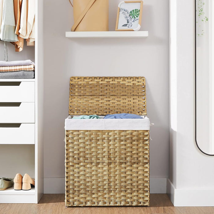 Geweven wasmand - 2 vakken van elk 55 liter - synthetische rotan - 57x60x33 cm - bruin