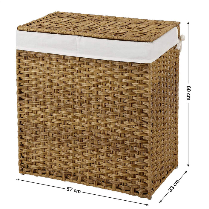 Geweven wasmand - 2 vakken van elk 55 liter - synthetische rotan - 57x60x33 cm - bruin