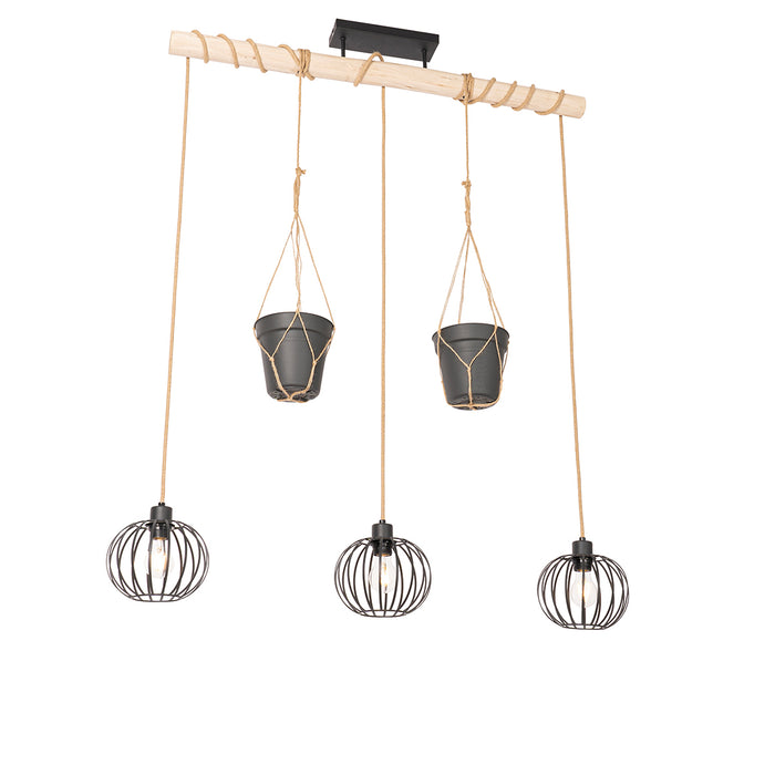 QAZQA Landelijke hanglamp zwart met hout 3-lichts - Yura