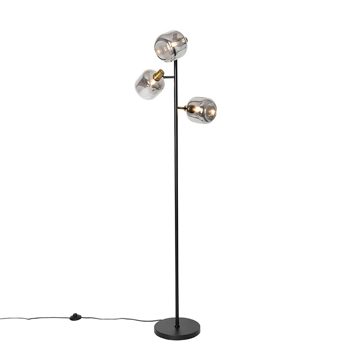 QAZQA Vloerlamp zwart met goud met smoke glas 3-lichts - Zuzanna