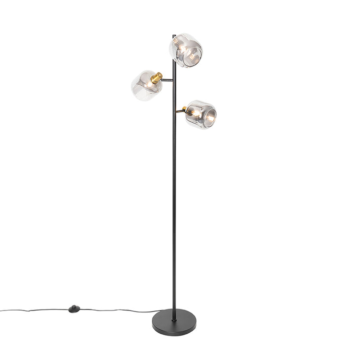 QAZQA Vloerlamp zwart met goud met smoke glas 3-lichts - Zuzanna
