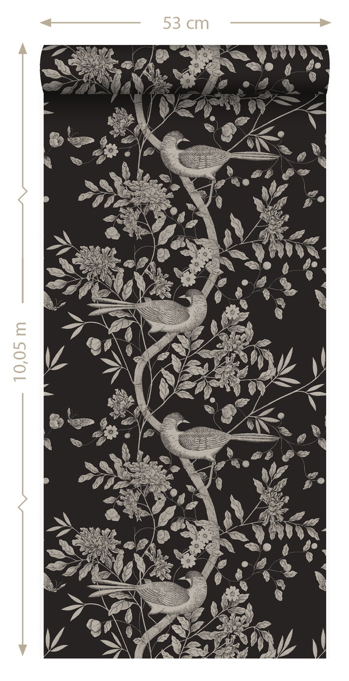 Origin Wallcoverings behang vogel gravure zwart - 347435 - 53 cm x 10,