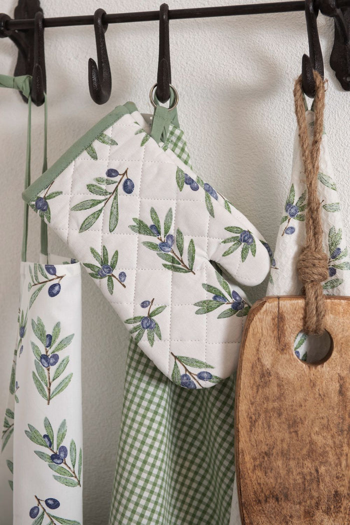 Clayre & Eef Ovenwant 16x30 cm Groen Wit Katoen olijf Ovenhandschoen