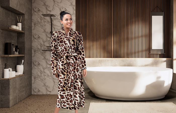 LINNICK Flanel Fleece Badjas Leopard - bruin