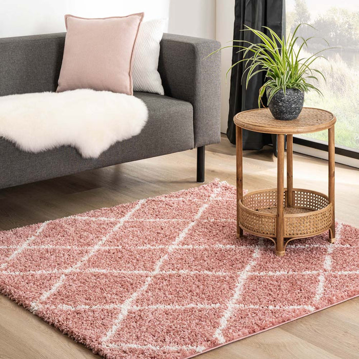 Boho&me Vierkant hoogpolig vloerkleed ruiten Habitat - roze|wit -