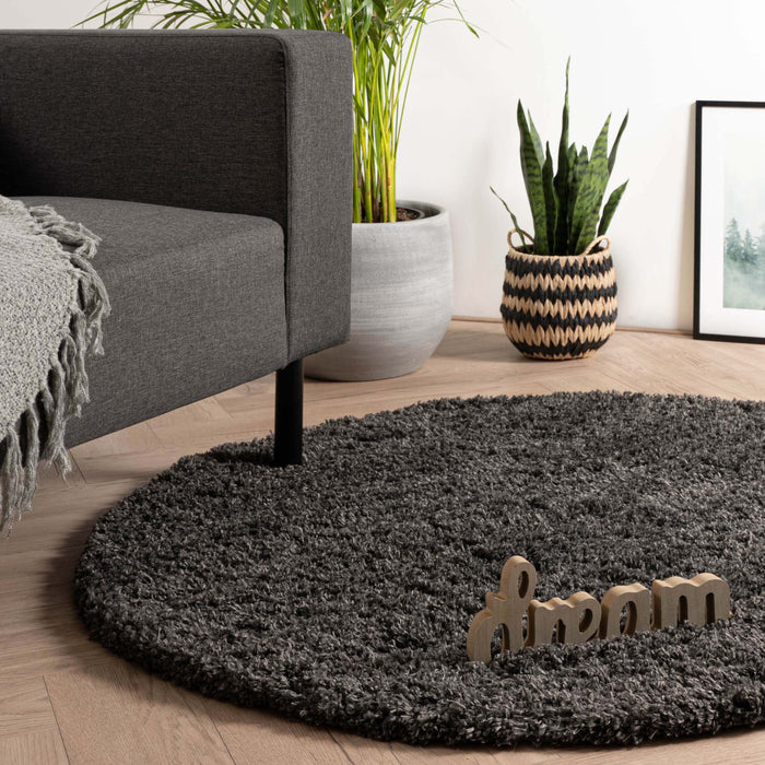 Tapeso Rond hoogpolig vloerkleed - Cozy Shaggy - donkergrijs - 120 cm