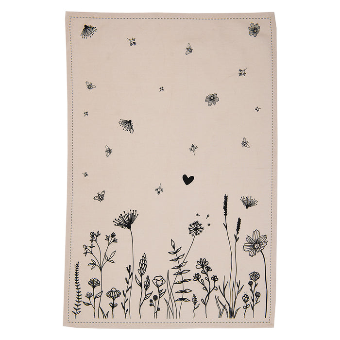 Clayre & Eef Theedoek 50x70 cm Beige Zwart Katoen Bloemen