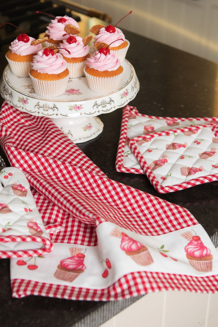 Clayre & Eef Ovenwant 18x30 cm Rood Katoen Cupcakes Ovenhandschoen