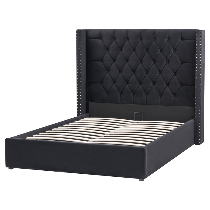 Beliani-LUBBON-Bed met opbergruimte-Zwart-140 x 200 cm-Fluweel
