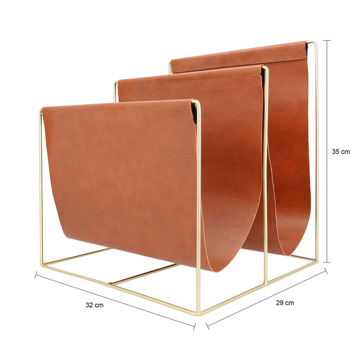 QUVIO Tijdschriftenrek van metaal en leer - Bruin met goud