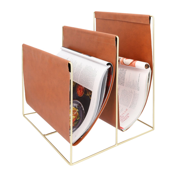 QUVIO Tijdschriftenrek van metaal en leer - Bruin met goud