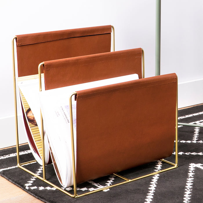 QUVIO Tijdschriftenrek van metaal en leer - Bruin met goud
